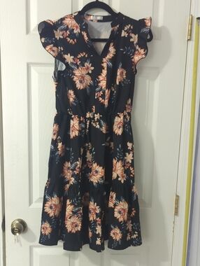 Floral V-Neck Tiered Midi Dress - Black with Peach Floral